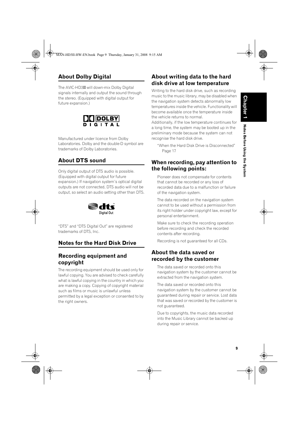 About dolby digital, About dts sound, About the data saved or recorded by the customer | Pioneer AVIC-HD3-II User Manual | Page 11 / 26