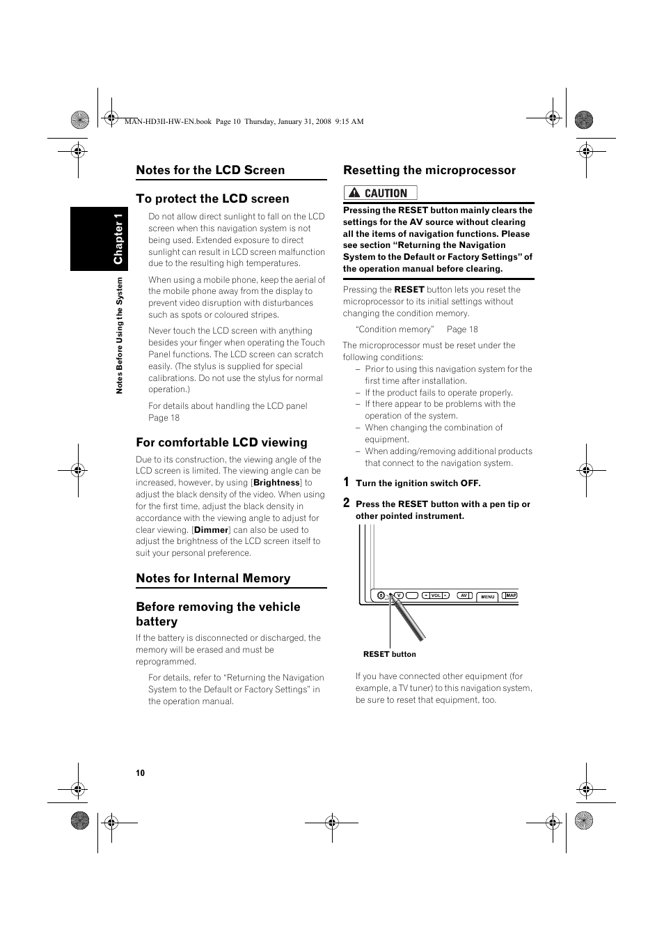 For comfortable lcd viewing, Resetting the microprocessor | Pioneer AVIC-HD3-II User Manual | Page 12 / 26