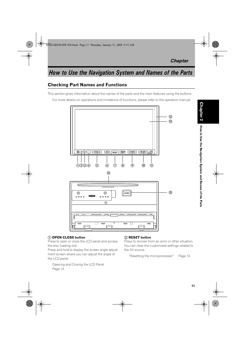 Chapter 2, Checking part names and functions | Pioneer AVIC-HD3-II User Manual | Page 13 / 26