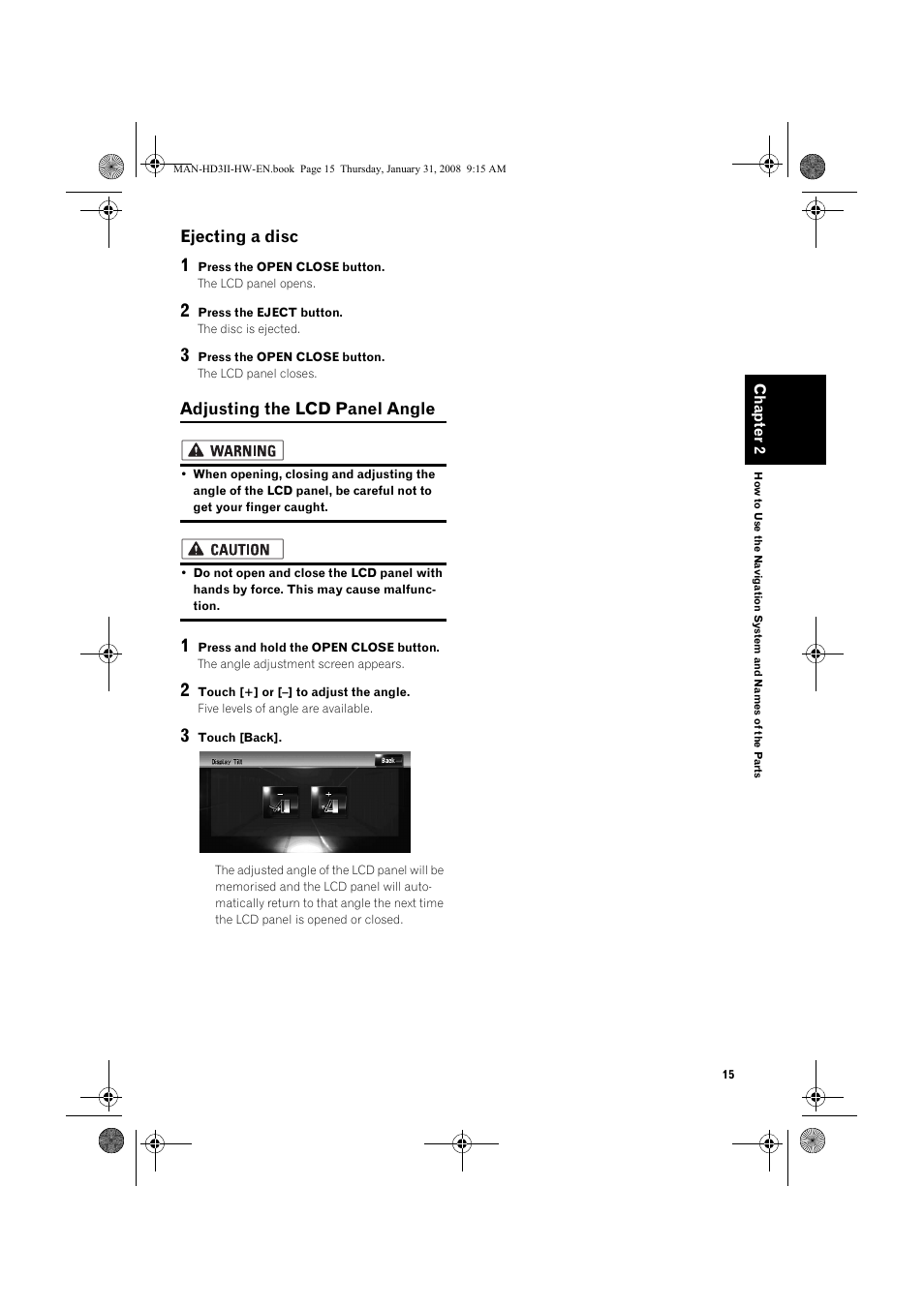 Ejecting a disc, Adjusting the lcd panel angle | Pioneer AVIC-HD3-II User Manual | Page 17 / 26