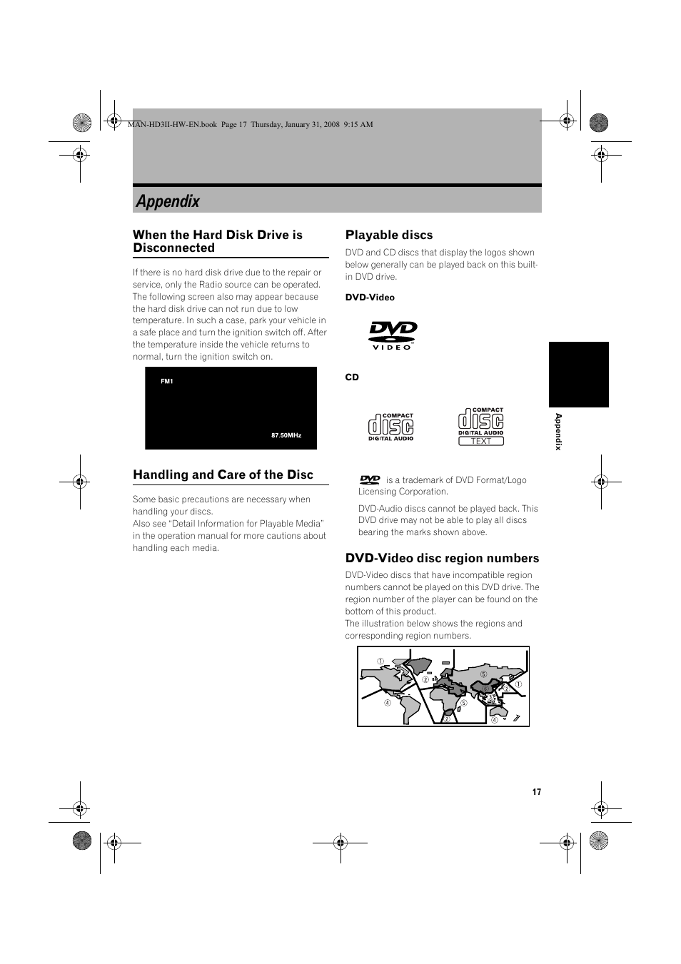 Appendix, When the hard disk drive is disconnected, Handling and care of the disc | Playable discs, Dvd-video disc region numbers | Pioneer AVIC-HD3-II User Manual | Page 19 / 26