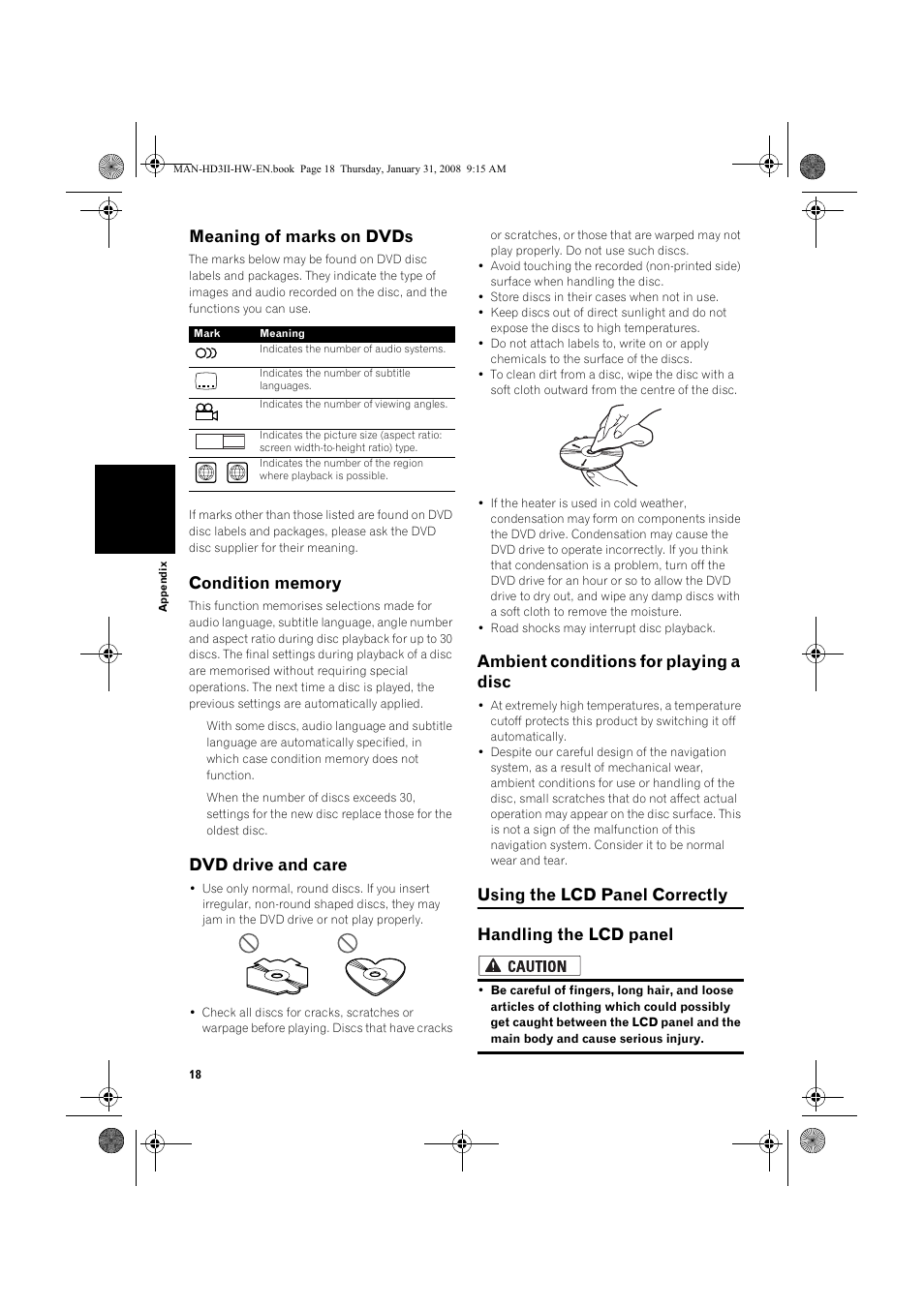Meaning of marks on dvds, Dvd drive and care, Ambient conditions for playing a disc | Pioneer AVIC-HD3-II User Manual | Page 20 / 26