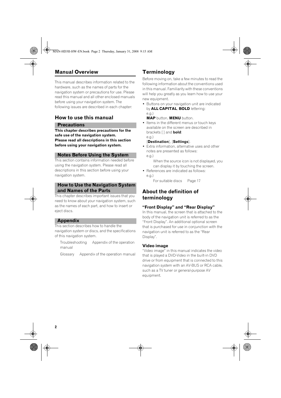 Manual overview, How to use this manual, Terminology | About the definition of terminology | Pioneer AVIC-HD3-II User Manual | Page 4 / 26
