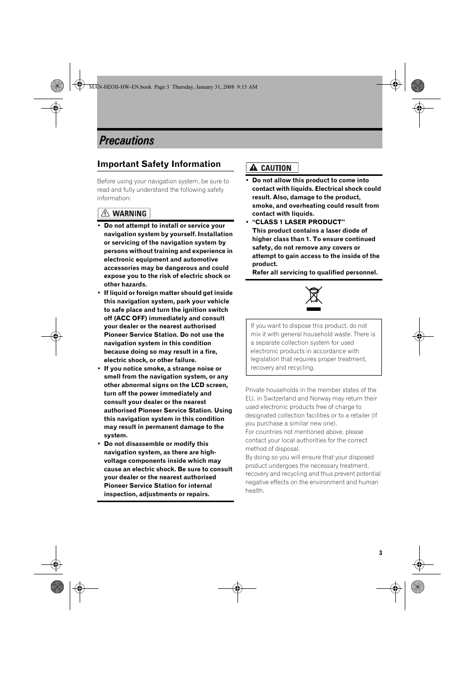 Precautions, Important safety information | Pioneer AVIC-HD3-II User Manual | Page 5 / 26