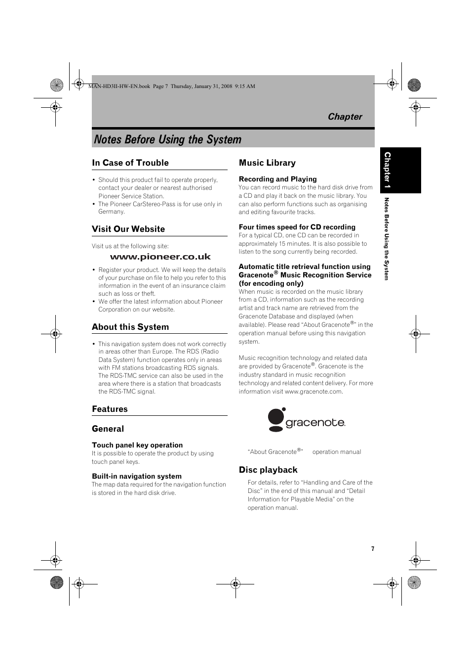 Chapter 1, Visit our website, About this system | Features general, Music library, Disc playback | Pioneer AVIC-HD3-II User Manual | Page 9 / 26