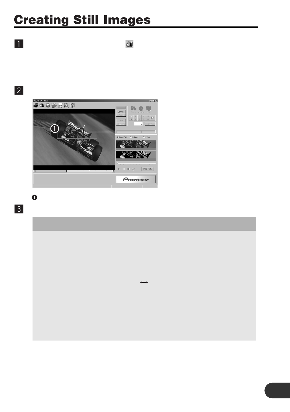 Creating still images, Changing the frame position and size, Click “creating images | Select the image file and click “open, Set the position and size of the image to capture, Changing the position, Changing the size | Pioneer CD-PC1 User Manual | Page 11 / 32