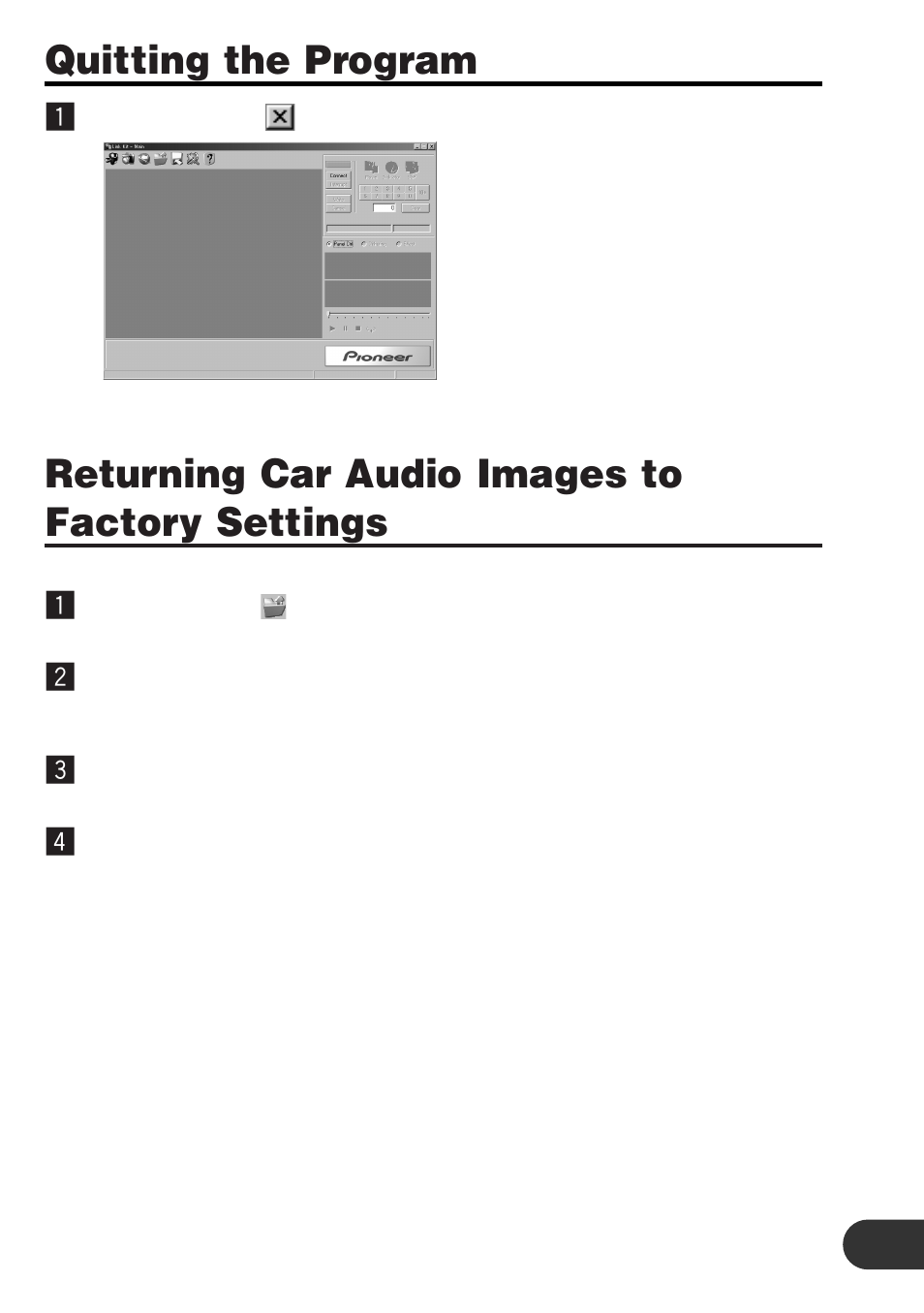 Quitting the program, Returning car audio images to factory settings | Pioneer CD-PC1 User Manual | Page 29 / 32