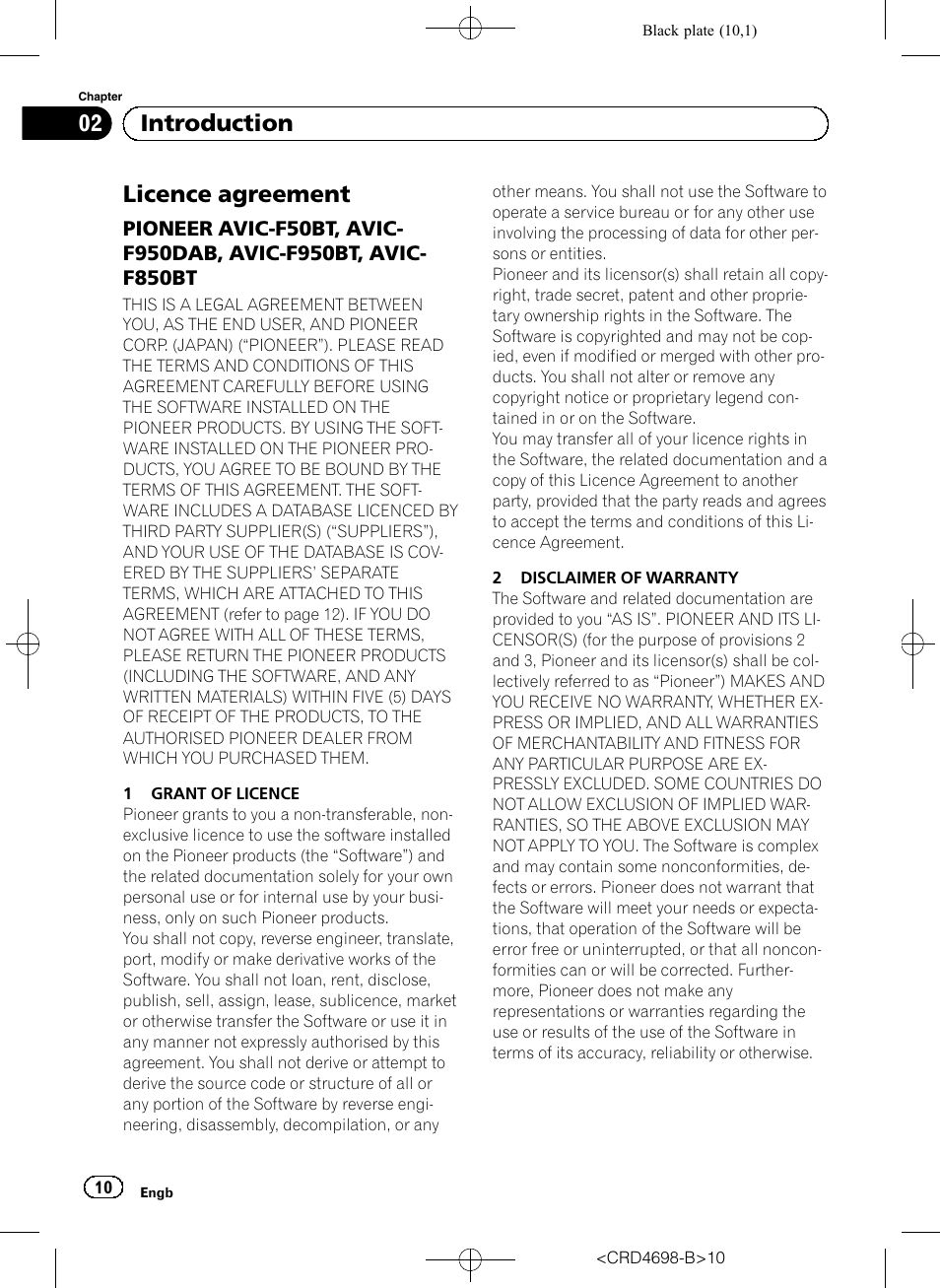 Introduction licence agreement, Pioneer avic-f50bt, avic-f950dab, Avic-f950bt, avic-f850bt | Licence agreement, 02 introduction | Pioneer AVIC-F950DAB User Manual | Page 10 / 104