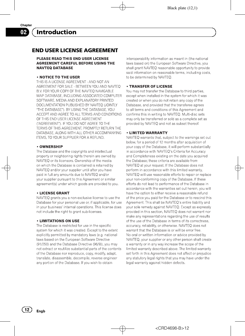 End user license agreement 12, 02 introduction | Pioneer AVIC-F950DAB User Manual | Page 12 / 104