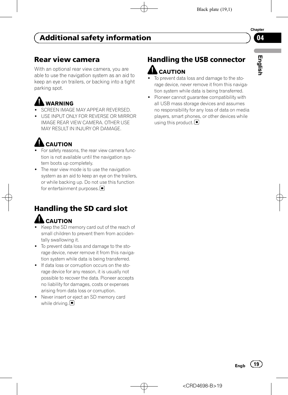 Rear view camera, Handling the sd card slot, Handling the usb connector | 04 additional safety information | Pioneer AVIC-F950DAB User Manual | Page 19 / 104