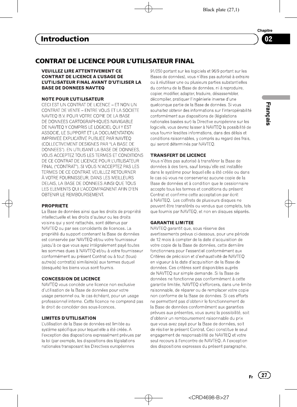 Contrat de licence pour, Utilisateur final 27, 02 introduction | Pioneer AVIC-F950DAB User Manual | Page 27 / 104