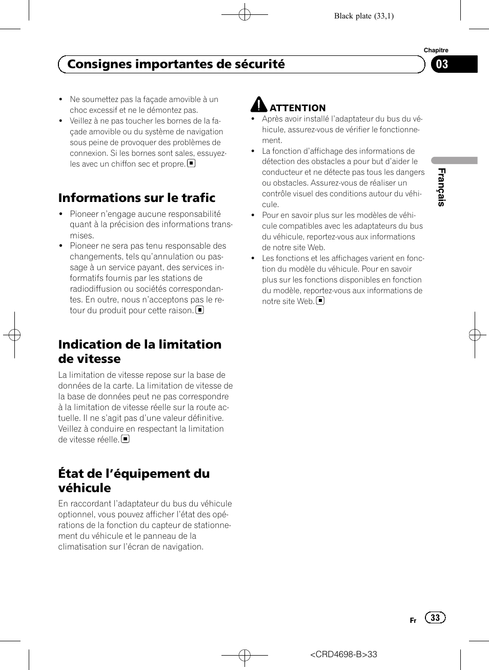Informations sur le trafic, Indication de la limitation de vitesse, État de l | Équipement du véhicule 33, État de l ’équipement du véhicule, 03 consignes importantes de sécurité | Pioneer AVIC-F950DAB User Manual | Page 33 / 104