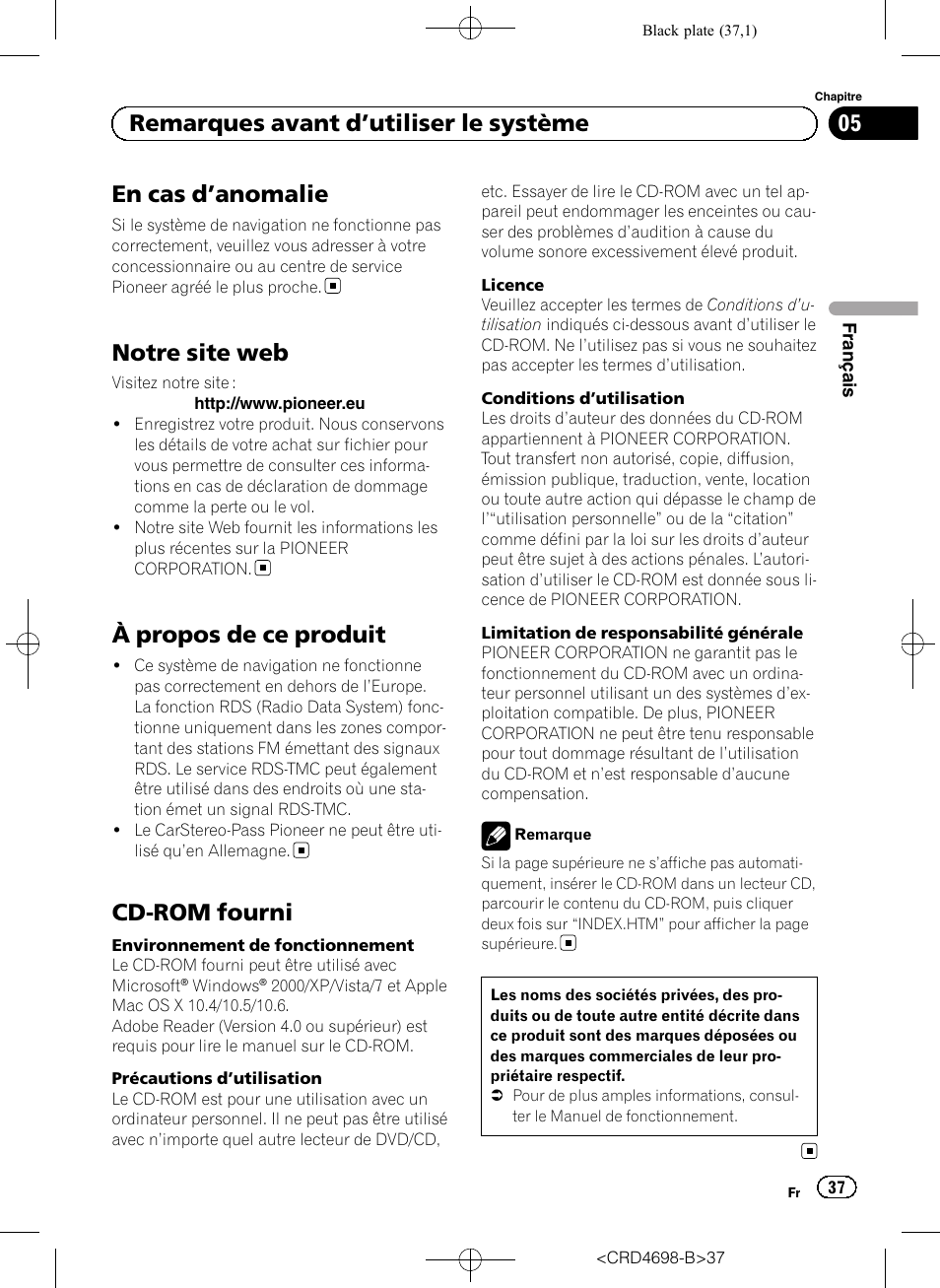 Remarques avant d, Utiliser le système, En cas d | Anomalie 37, Notre site web, À propos de ce produit, Cd-rom fourni, En cas d ’anomalie, 05 remarques avant d ’utiliser le système | Pioneer AVIC-F950DAB User Manual | Page 37 / 104