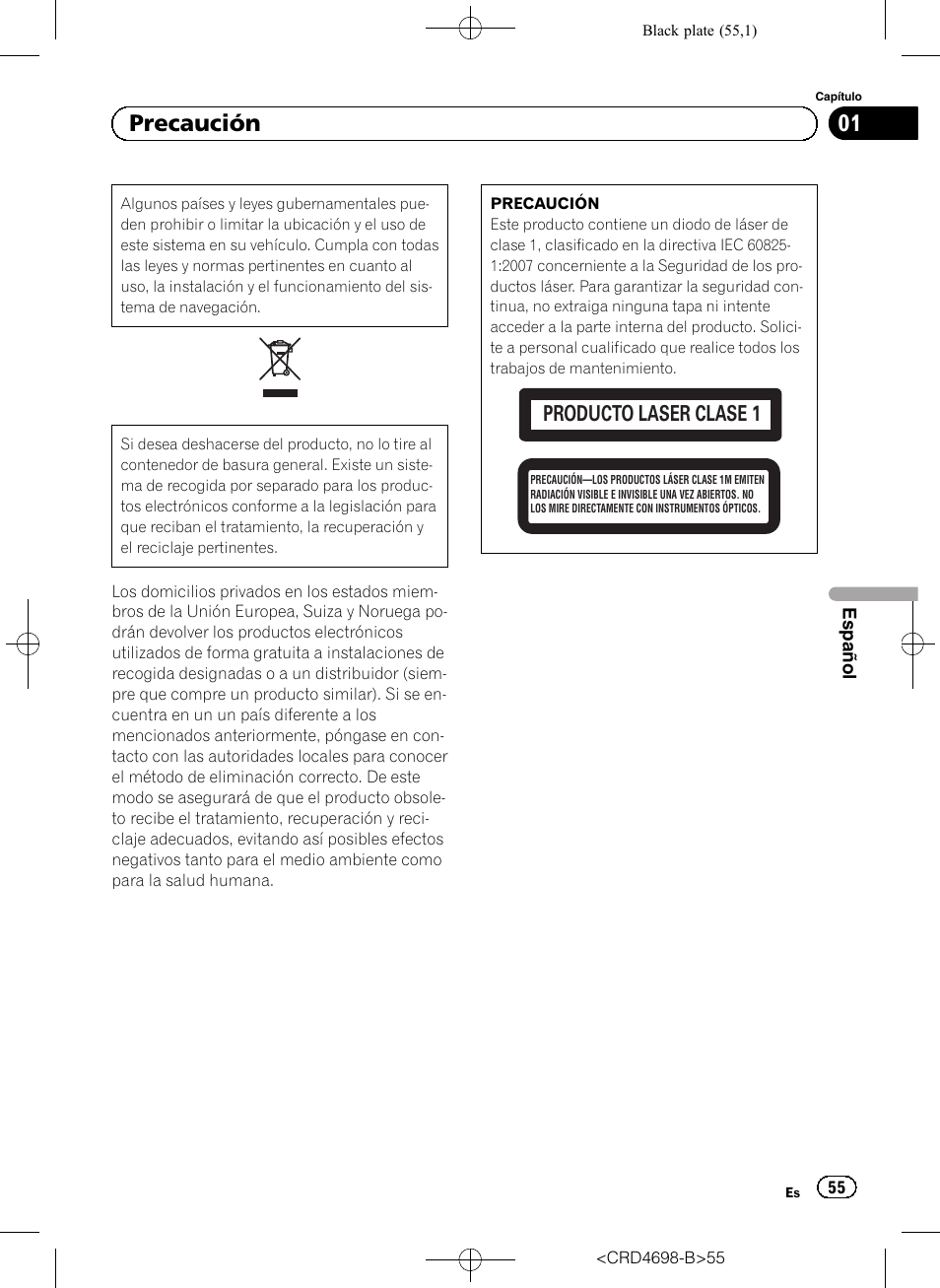 Precaución, 01 precaución, Producto laser clase 1 | Pioneer AVIC-F950DAB User Manual | Page 55 / 104