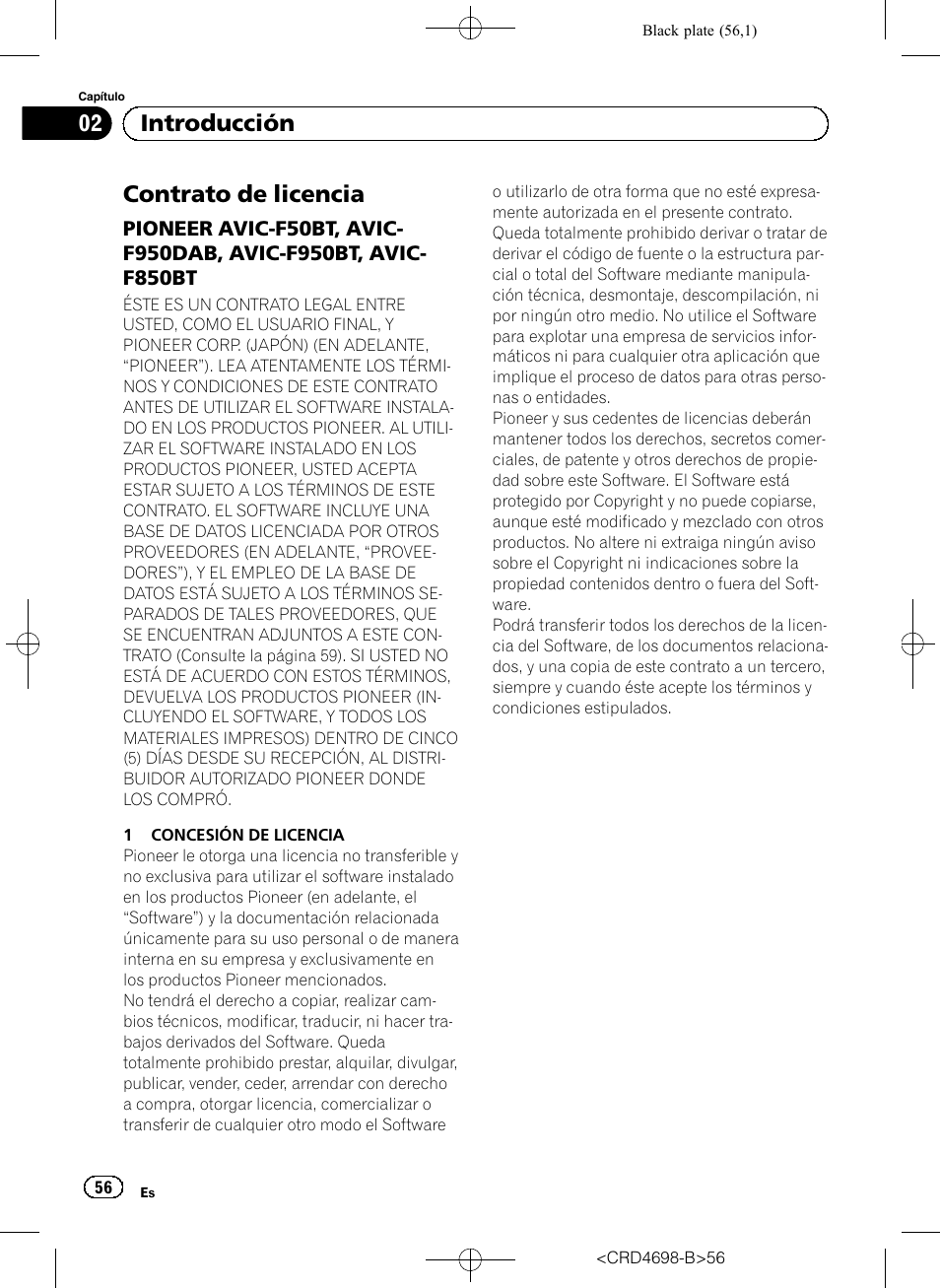 Introducción contrato de licencia, Pioneer avic-f50bt, avic-f950dab, Avic-f950bt, avic-f850bt | Contrato de licencia, 02 introducción | Pioneer AVIC-F950DAB User Manual | Page 56 / 104