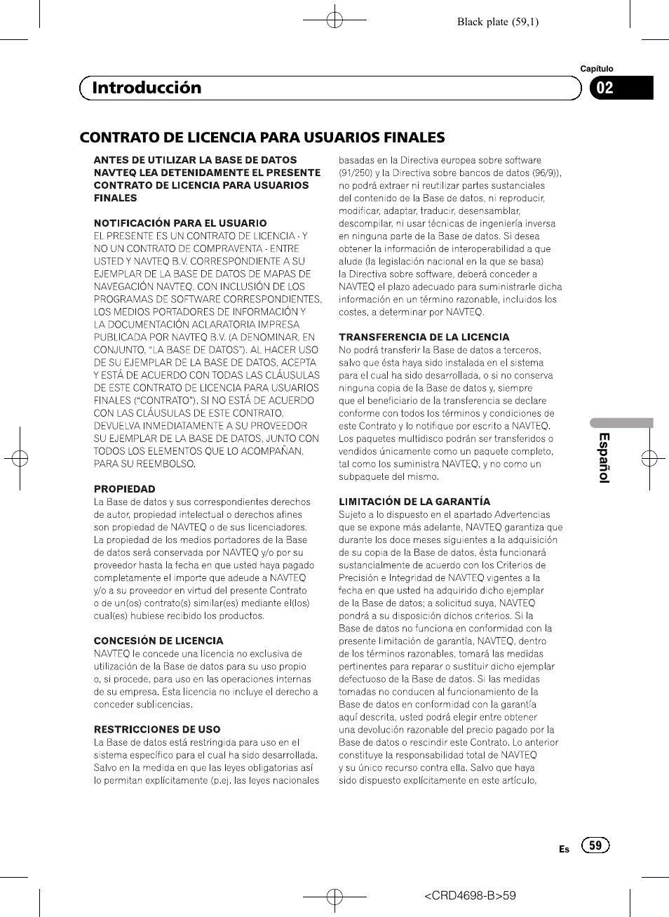 Contrato de licencia para, Usuarios finales, 02 introducción | Pioneer AVIC-F950DAB User Manual | Page 59 / 104