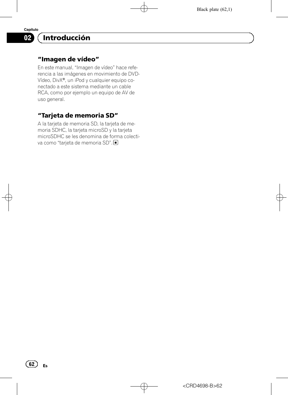 Imagen de vídeo” 62, Tarjeta de memoria sd” 62, 02 introducción | Imagen de vídeo | Pioneer AVIC-F950DAB User Manual | Page 62 / 104