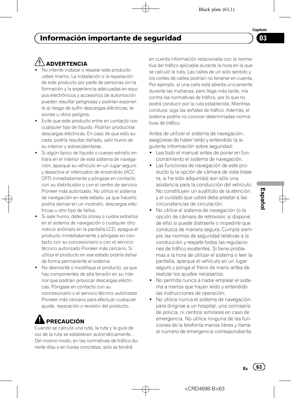 Información importante de seguridad, 03 información importante de seguridad | Pioneer AVIC-F950DAB User Manual | Page 63 / 104