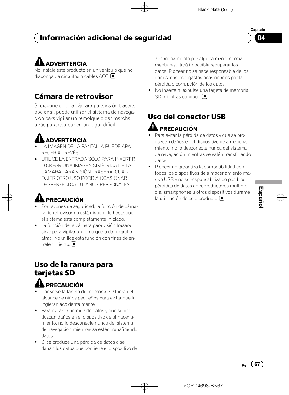 Cámara de retrovisor, Uso de la ranura para tarjetas sd, Uso del conector usb | 04 información adicional de seguridad | Pioneer AVIC-F950DAB User Manual | Page 67 / 104