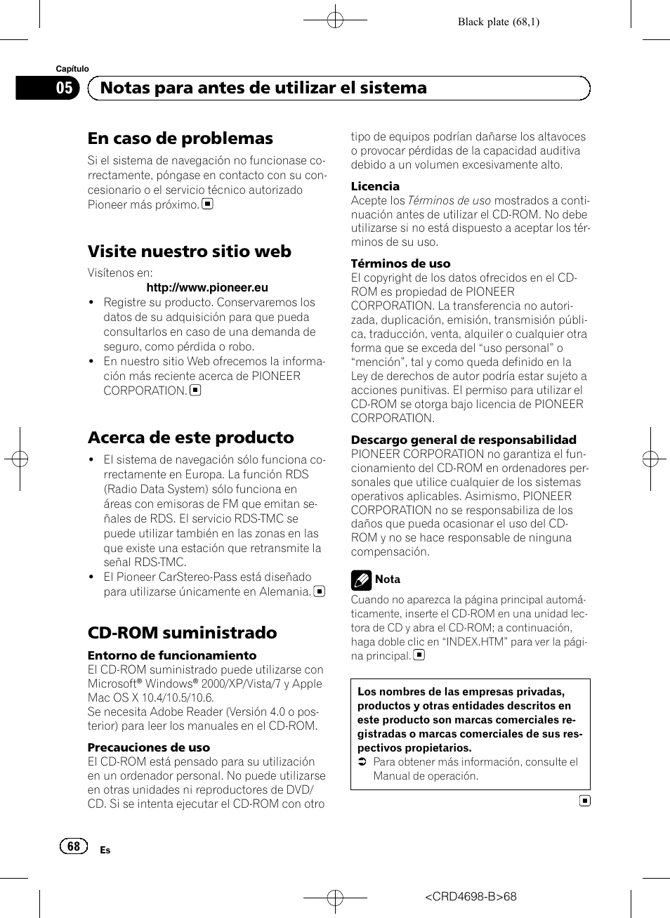 Visite nuestro sitio web, Acerca de este producto, Cd-rom suministrado | En caso de problemas, 05 notas para antes de utilizar el sistema | Pioneer AVIC-F950DAB User Manual | Page 68 / 104