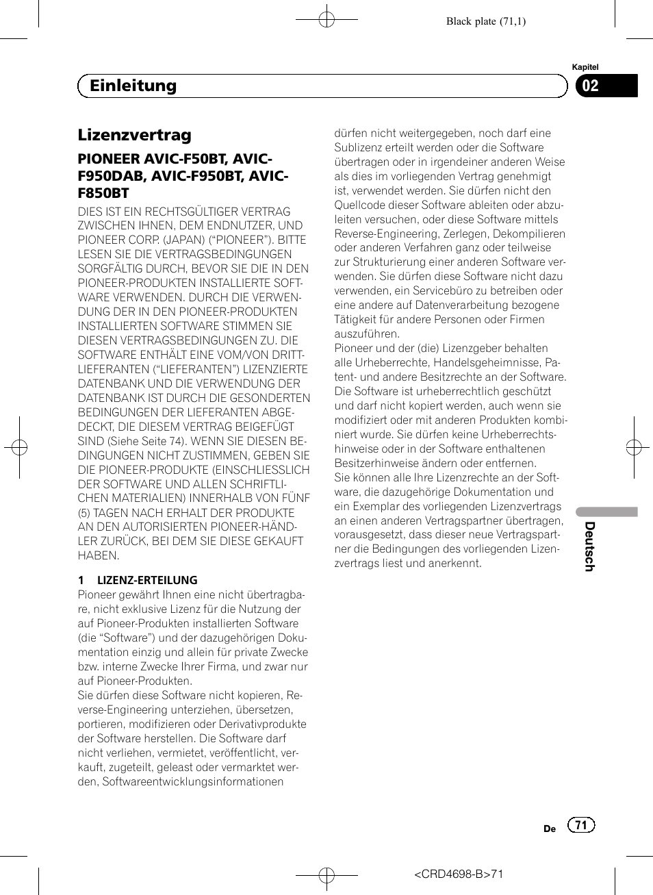 Einleitung lizenzvertrag, Pioneer avic-f50bt, avic-f950dab, Avic-f950bt, avic-f850bt | Lizenzvertrag, 02 einleitung | Pioneer AVIC-F950DAB User Manual | Page 71 / 104
