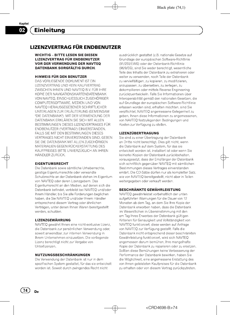 Lizenzvertrag für, Endbenutzer, 02 einleitung | Pioneer AVIC-F950DAB User Manual | Page 74 / 104