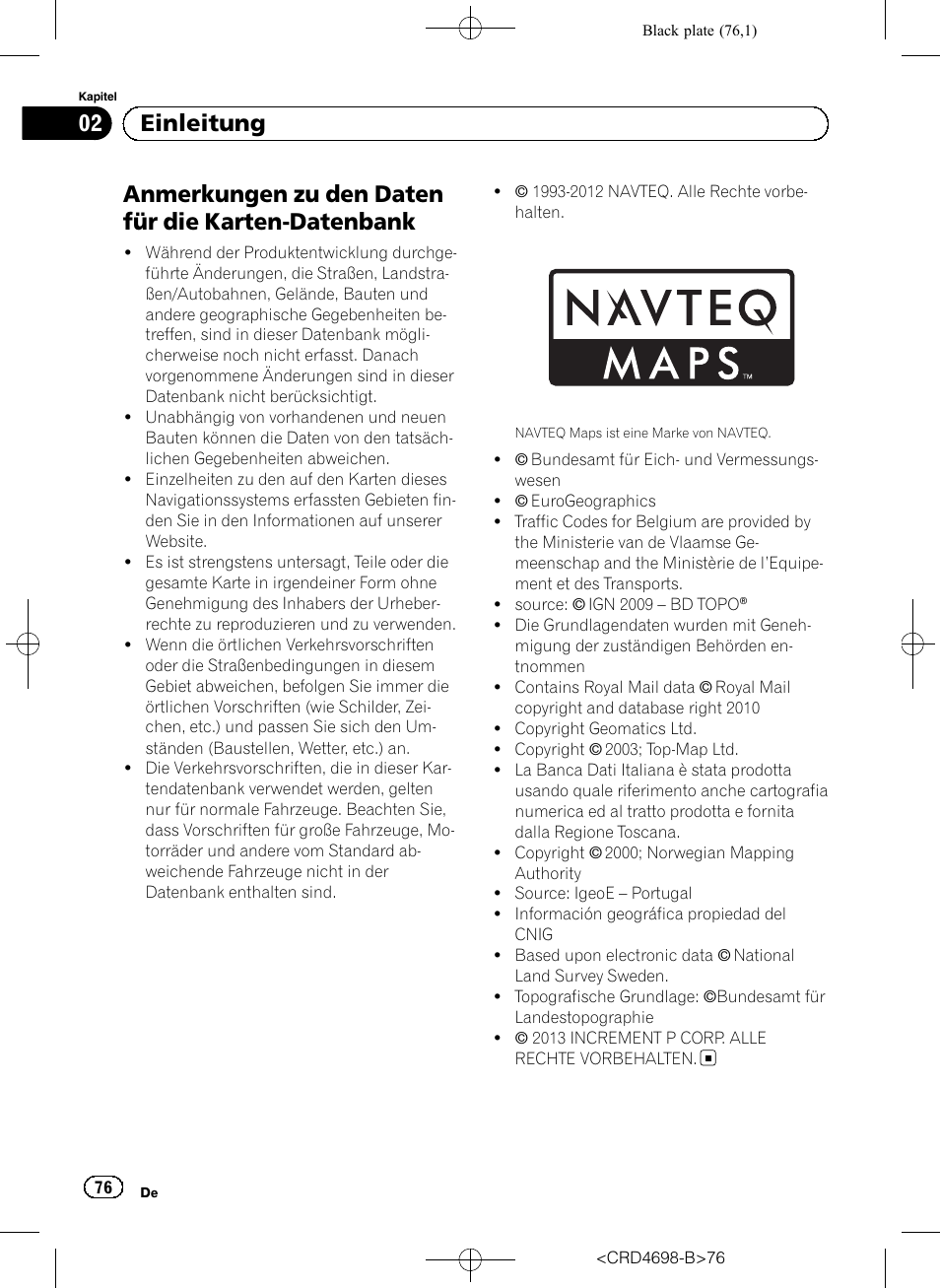 Anmerkungen zu den daten für die karten, Datenbank, Anmerkungen zu den daten für die karten-datenbank | 02 einleitung | Pioneer AVIC-F950DAB User Manual | Page 76 / 104