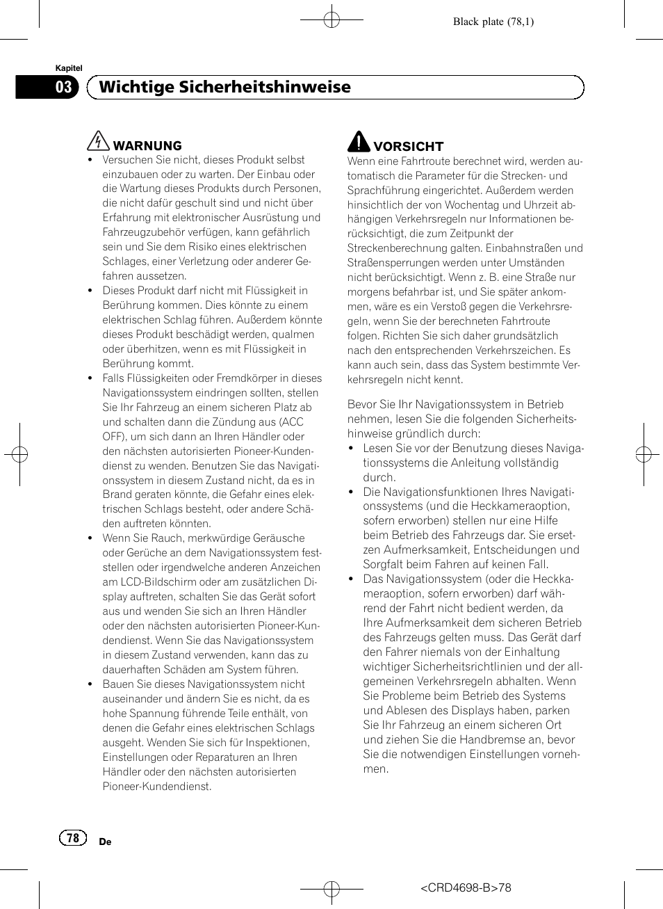 Wichtige sicherheitshinweise, 03 wichtige sicherheitshinweise | Pioneer AVIC-F950DAB User Manual | Page 78 / 104