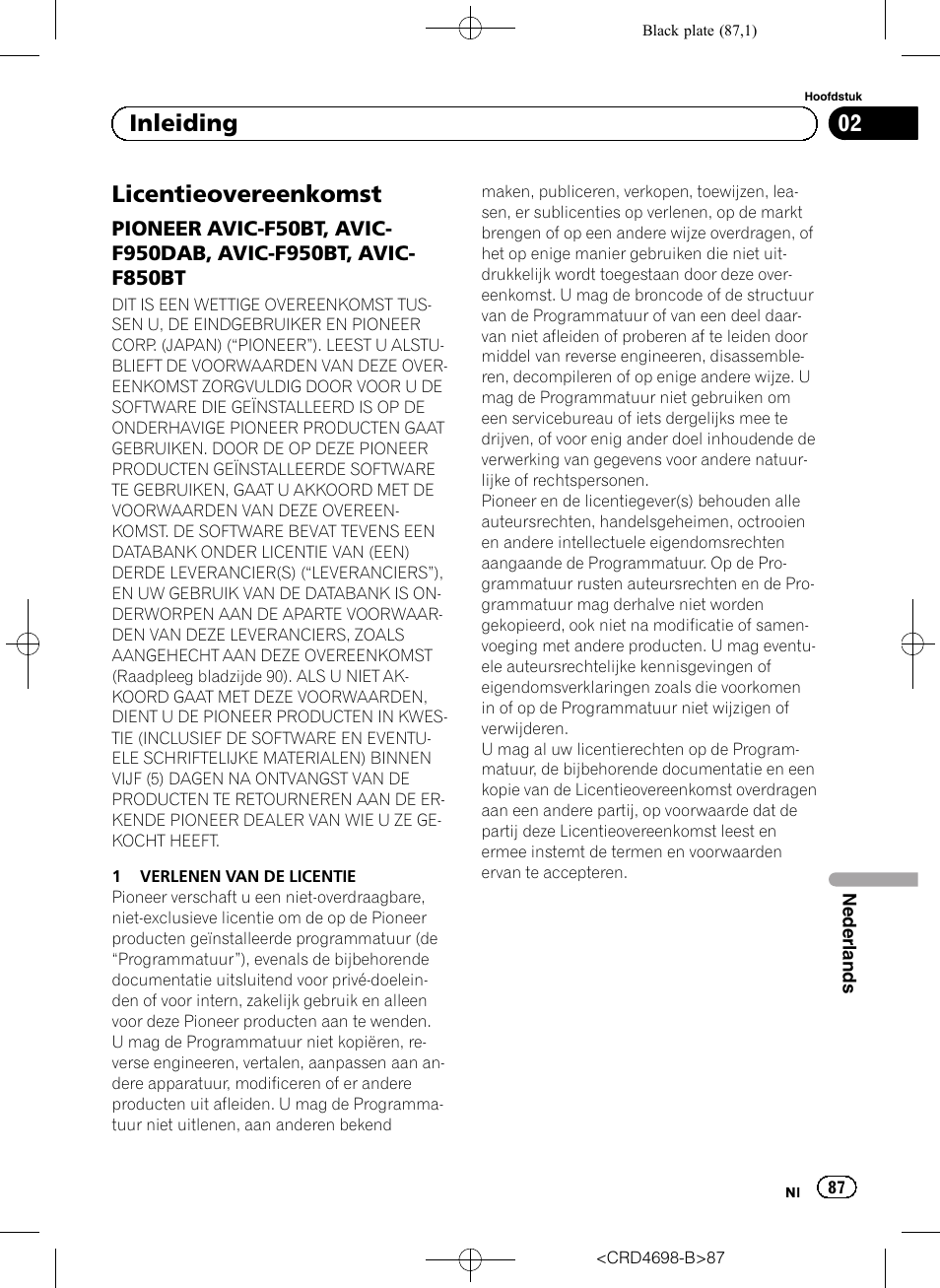 Inleiding licentieovereenkomst, Pioneer avic-f50bt, avic-f950dab, Avic-f950bt, avic-f850bt | Licentieovereenkomst, 02 inleiding | Pioneer AVIC-F950DAB User Manual | Page 87 / 104