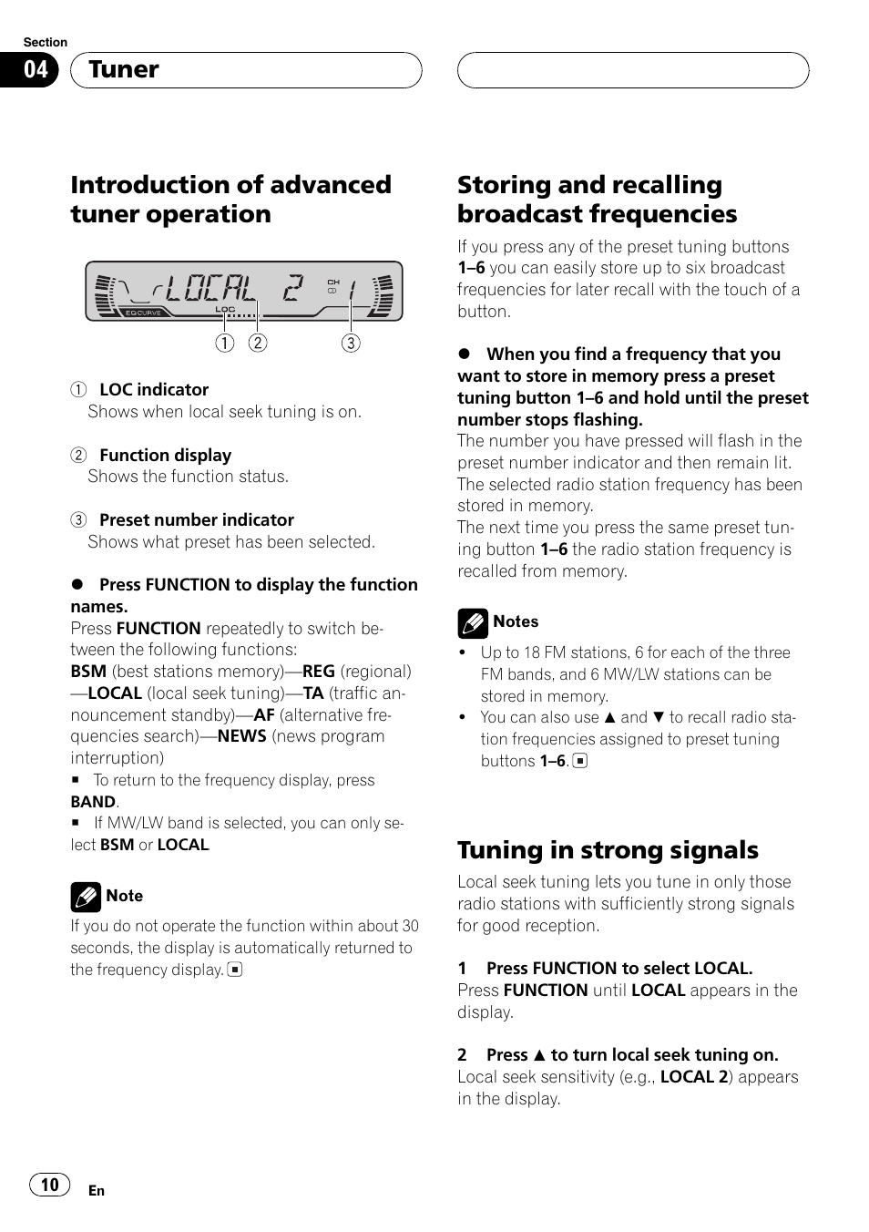 Introduction of advanced tuner, Operation 10, Storing and recalling broadcast | Frequencies 10, Tuning in strong signals 10, Introduction of advanced tuner operation, Storingand recalling broadcast frequencies, Tuningin strongsignals, Tuner | Pioneer DEH-P3600MPB User Manual | Page 10 / 95