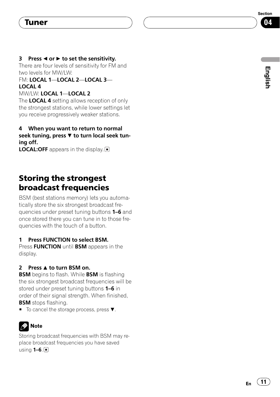 Storing the strongest broadcast, Frequencies 11, Storingthe strongest broadcast frequencies | Tuner | Pioneer DEH-P3600MPB User Manual | Page 11 / 95