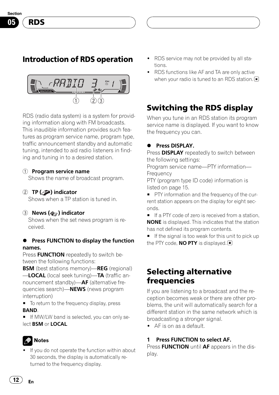 Introduction of rds operation, Switchingthe rds display, Selectingalternative frequencies | Pioneer DEH-P3600MPB User Manual | Page 12 / 95