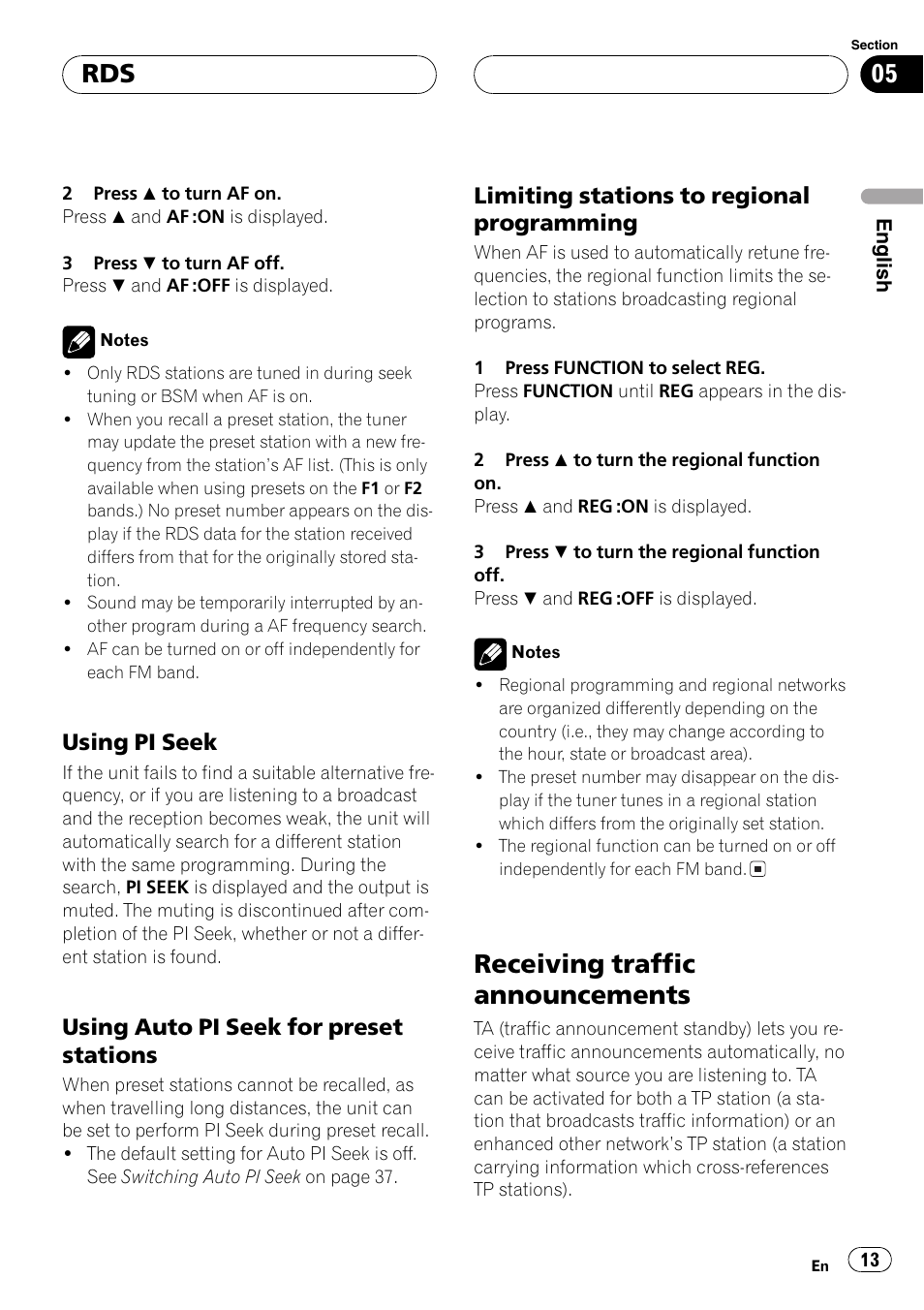 Using pi seek 13, Using auto pi seek for preset, Stations 13 | Limiting stations to regional, Programming 13, Receiving traffic announcements 13, Receivingtraffic announcements, Usingpi seek, Usingauto pi seek for preset stations, Limitingstations to regional programming | Pioneer DEH-P3600MPB User Manual | Page 13 / 95