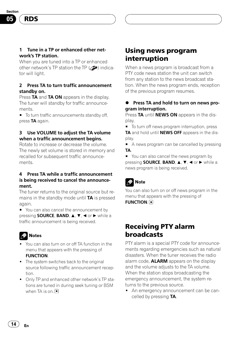 Usingnews program interruption, Receivingpty alarm broadcasts | Pioneer DEH-P3600MPB User Manual | Page 14 / 95