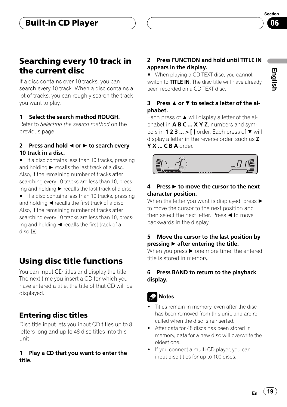 Searching every 10 track in the current, Disc 19, Using disc title functions 19 | Entering disc titles 19, Searchingevery 10 track in the current disc, Usingdisc title functions, Built-in cd player, Enteringdisc titles | Pioneer DEH-P3600MPB User Manual | Page 19 / 95