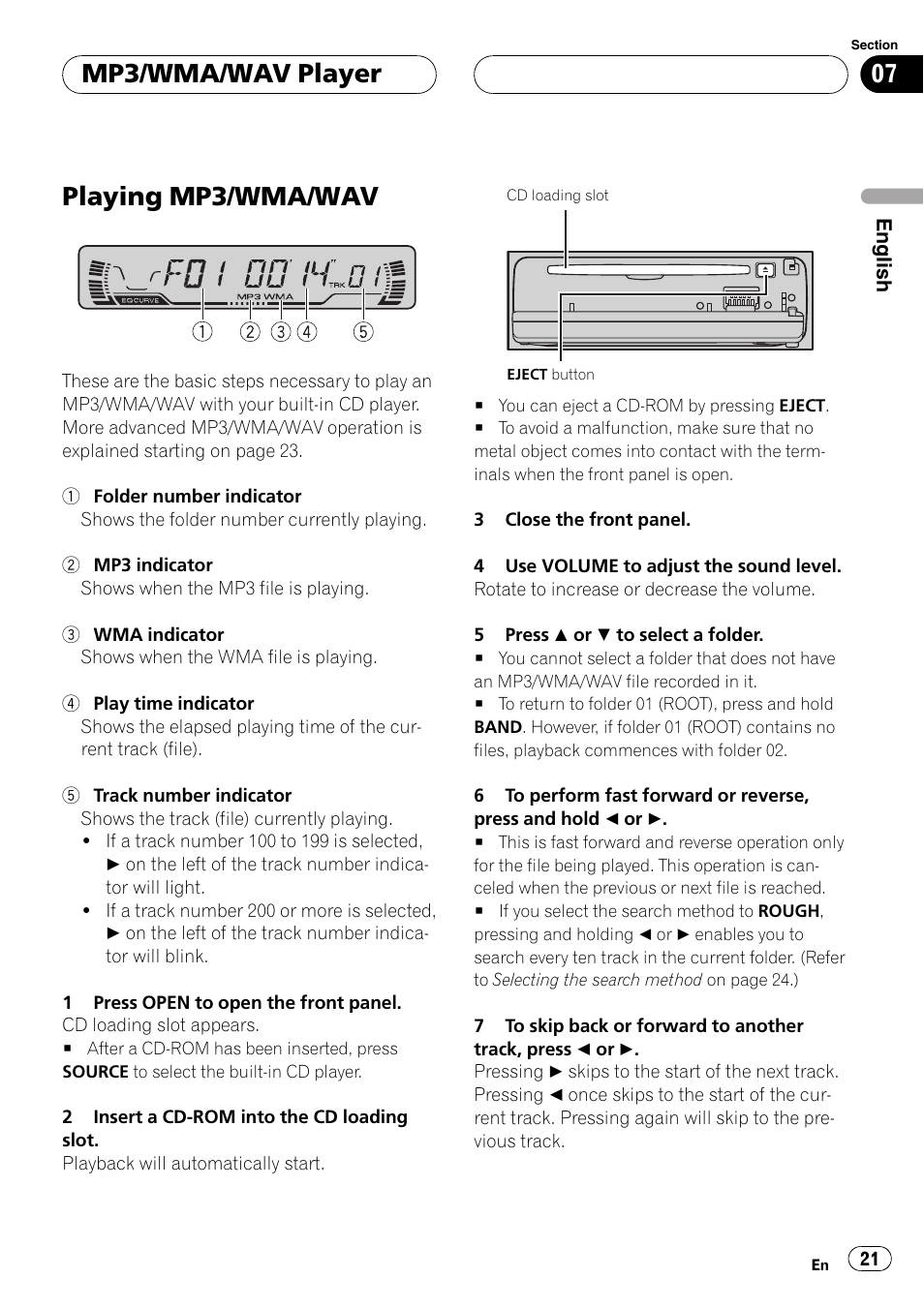Mp3/wma/wav player playing mp3/wma/wav 21, Playingmp3/wma/wav, Mp3/wma/wav player | Pioneer DEH-P3600MPB User Manual | Page 21 / 95