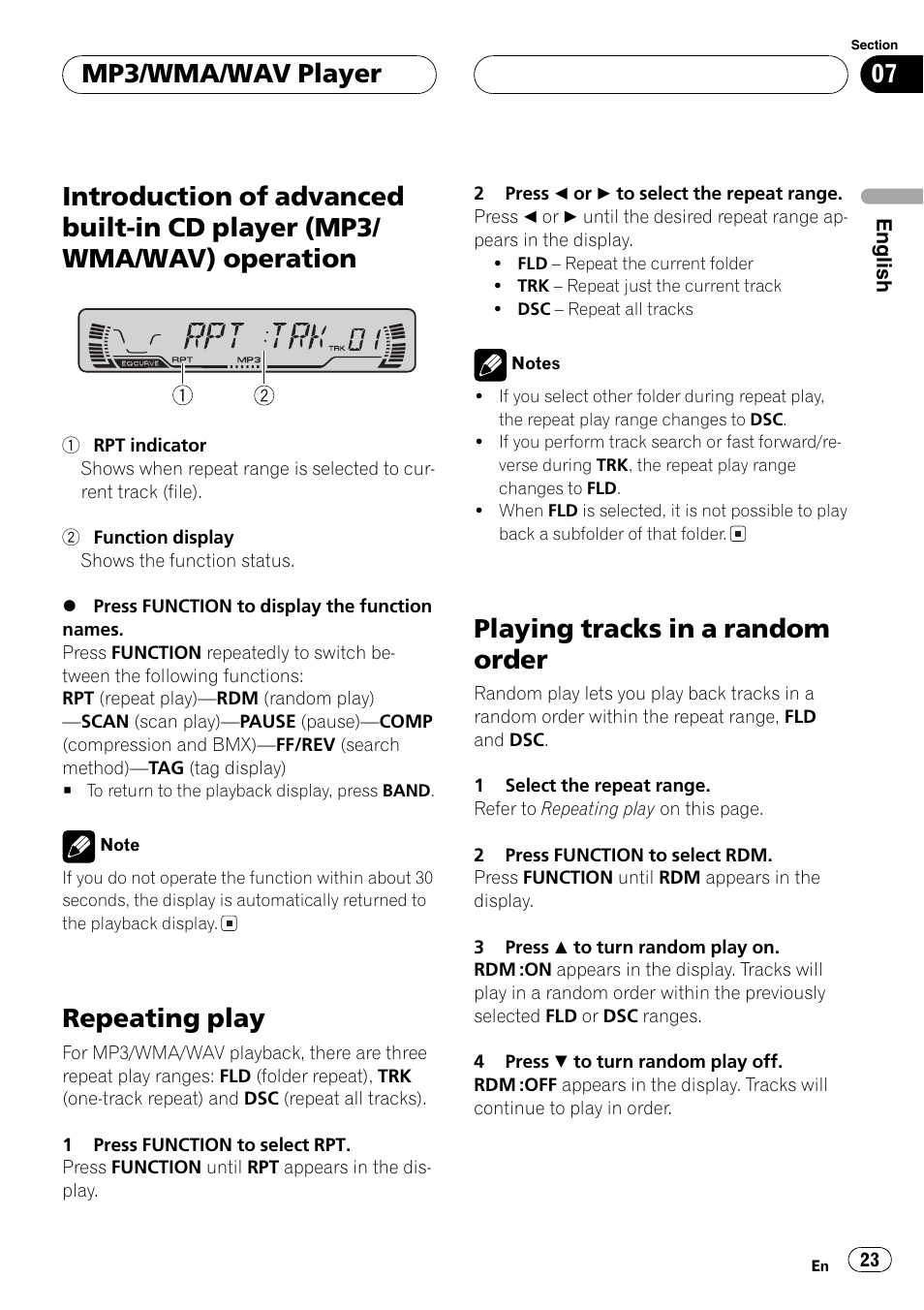 Introduction of advanced built-in cd player, Mp3/wma/wav) operation 23, Repeatingplay | Playingtracks in a random order, Mp3/wma/wav player | Pioneer DEH-P3600MPB User Manual | Page 23 / 95