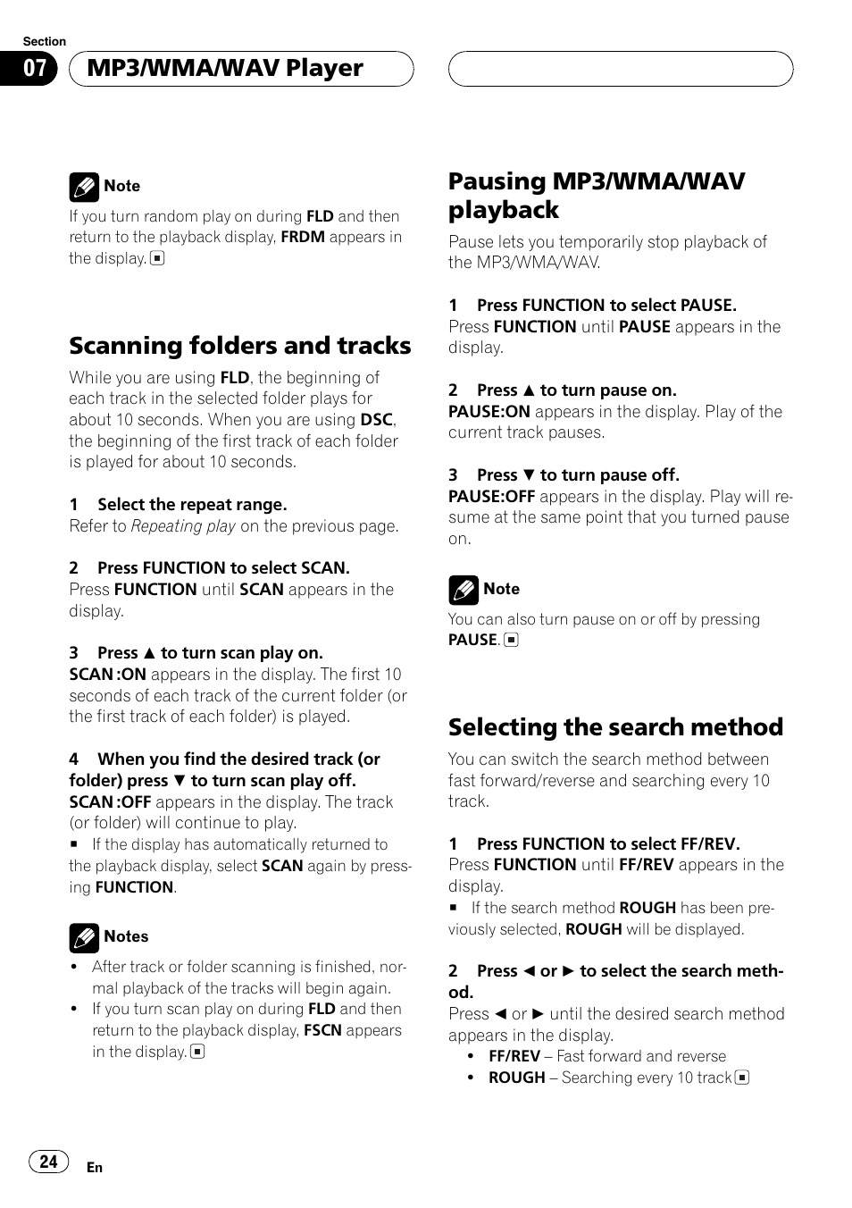 Scanningfolders and tracks, Pausingmp3/wma/wav playback, Selectingthe search method | Mp3/wma/wav player | Pioneer DEH-P3600MPB User Manual | Page 24 / 95