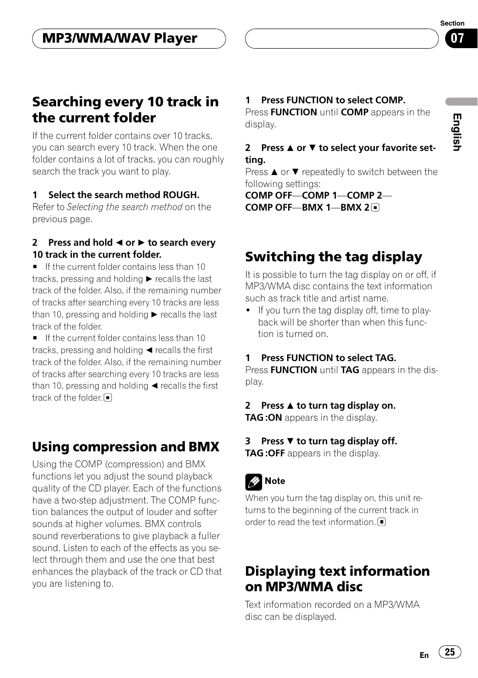 Searching every 10 track in the current, Folder 25, Disc 25 | Searchingevery 10 track in the current folder, Usingcompression and bmx, Switchingthe tagdisplay, Displayingtext information on mp3/wma disc, Mp3/wma/wav player | Pioneer DEH-P3600MPB User Manual | Page 25 / 95