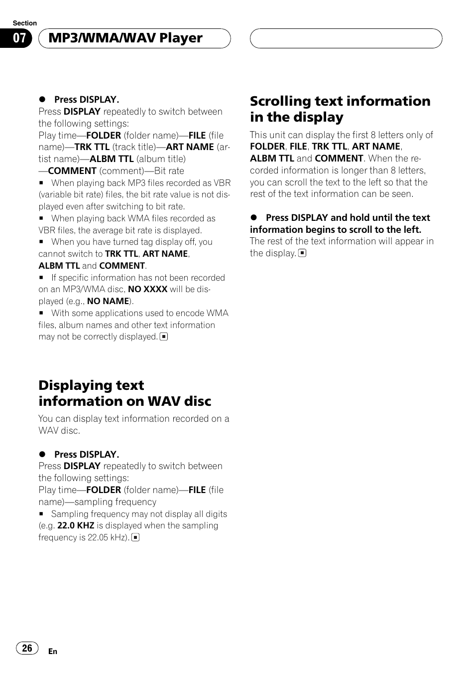 Displayingtext information on wav disc, Scrollingtext information in the display, Mp3/wma/wav player | Pioneer DEH-P3600MPB User Manual | Page 26 / 95