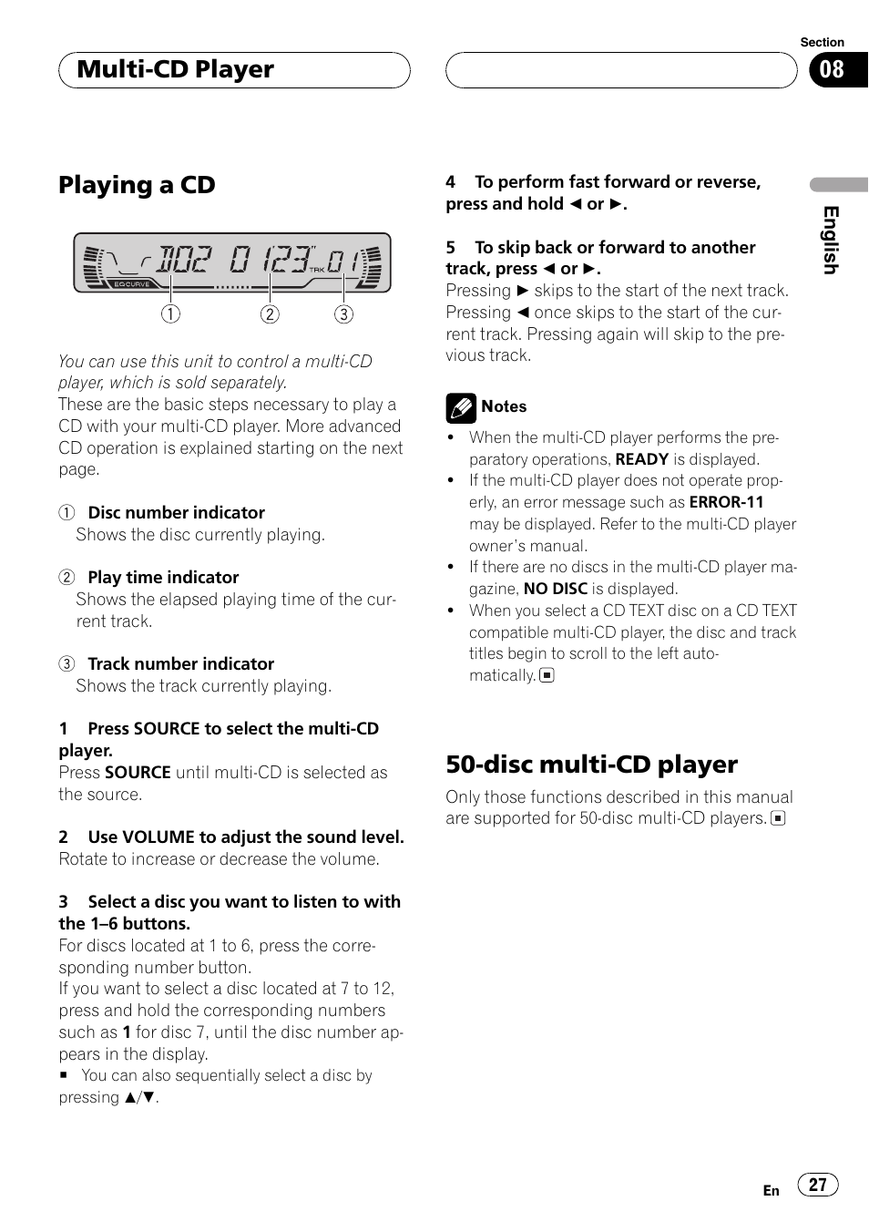 Playinga cd, Disc multi-cd player, Multi-cd player | Pioneer DEH-P3600MPB User Manual | Page 27 / 95