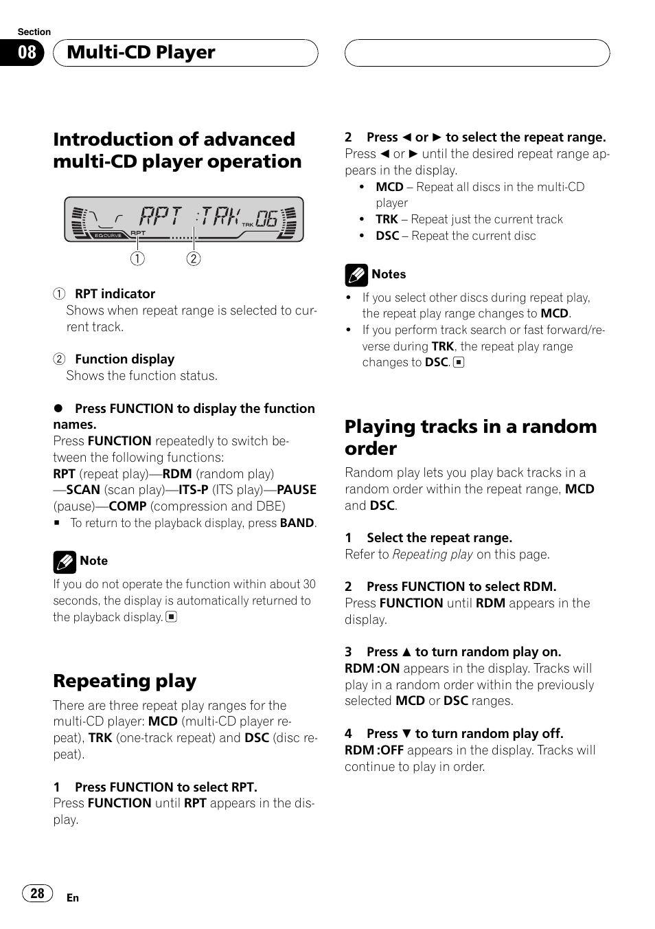 Introduction of advanced multi-cd player, Operation 28, Introduction of advanced multi-cd player operation | Repeatingplay, Playingtracks in a random order, Multi-cd player | Pioneer DEH-P3600MPB User Manual | Page 28 / 95