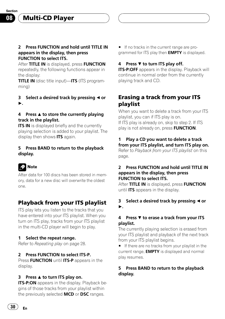 Playback from your its playlist 30, Erasing a track from your its, Playlist 30 | Multi-cd player, Playback from your its playlist, Erasinga track from your its playlist | Pioneer DEH-P3600MPB User Manual | Page 30 / 95