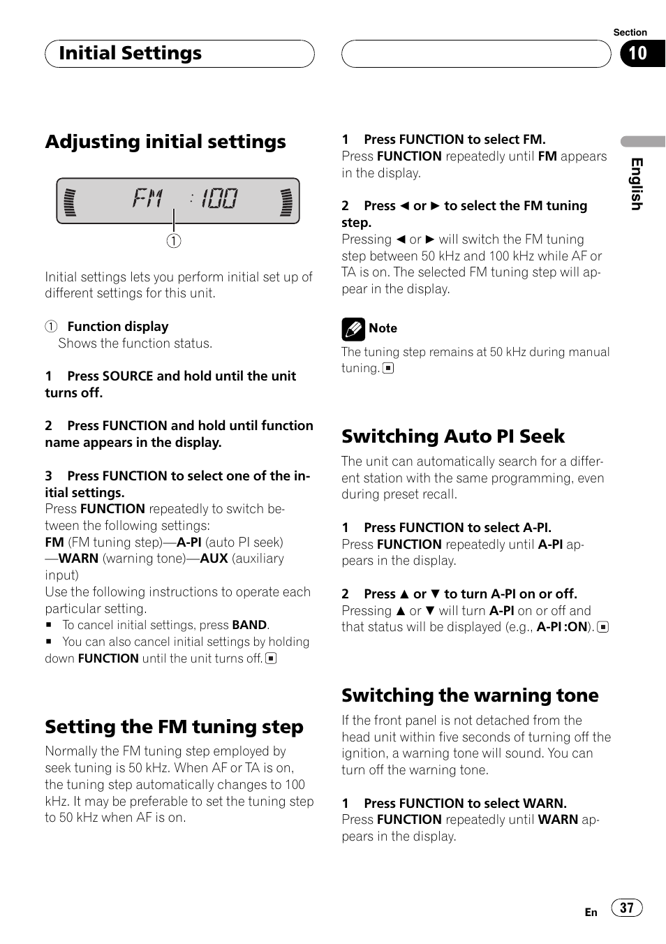 Adjustinginitial settings, Settingthe fm tuningstep, Switchingauto pi seek | Switchingthe warningtone, Initial settings | Pioneer DEH-P3600MPB User Manual | Page 37 / 95