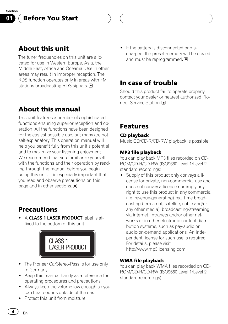 About this unit, About this manual, Precautions | Features, Before you start, Class 1 laser product | Pioneer DEH-P3600MPB User Manual | Page 4 / 95