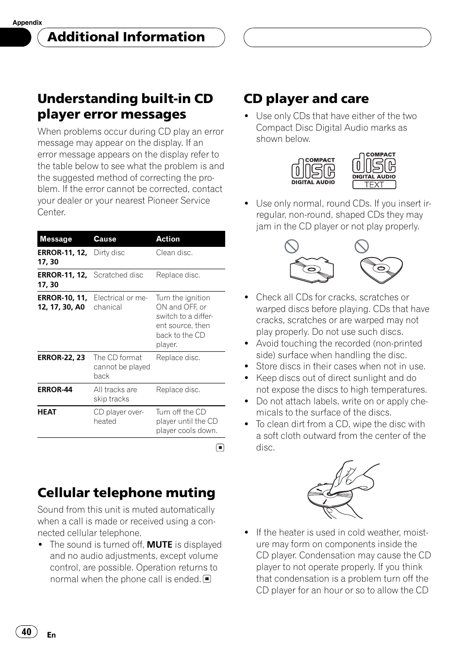 Messages 40, Cellular telephone muting 40 cd player and care 40, Understandingbuilt-in cd player error messages | Cellular telephone muting, Cd player and care, Additional information | Pioneer DEH-P3600MPB User Manual | Page 40 / 95