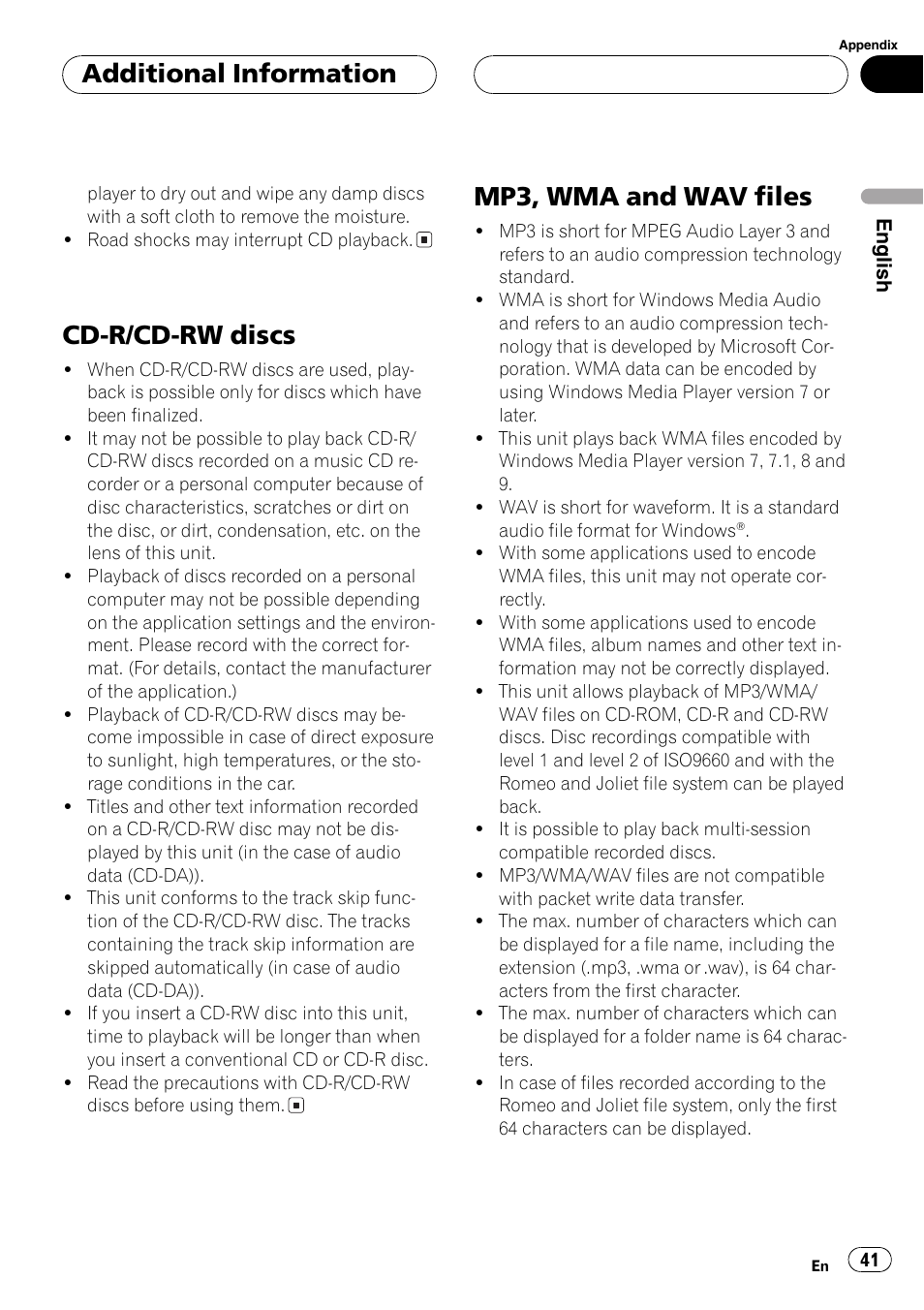 Cd-r/cd-rw discs 41 mp3, wma and wav files 41, Cd-r/cd-rw discs, Mp3, wma and wav files | Additional information | Pioneer DEH-P3600MPB User Manual | Page 41 / 95