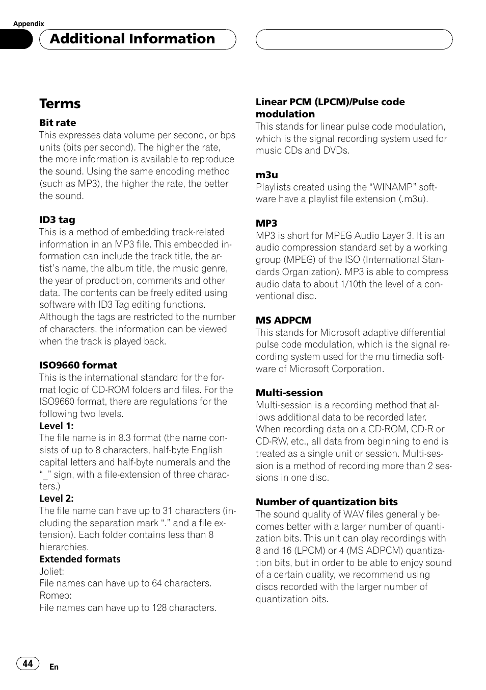 Terms 44, Terms, Additional information | Pioneer DEH-P3600MPB User Manual | Page 44 / 95