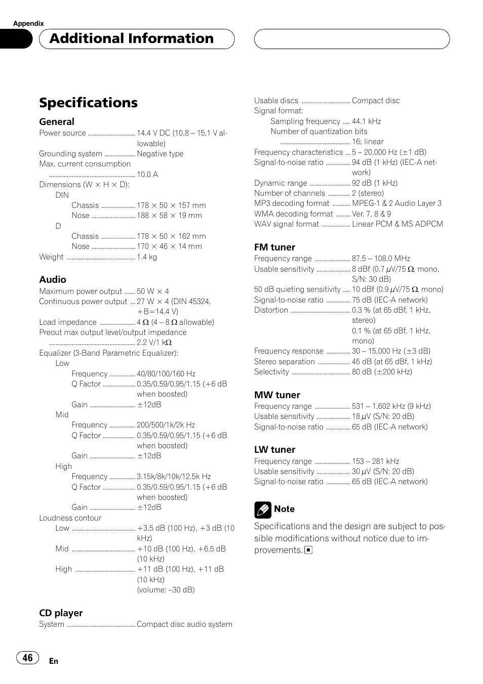 Specifications 46, Specifications, Additional information | Pioneer DEH-P3600MPB User Manual | Page 46 / 95