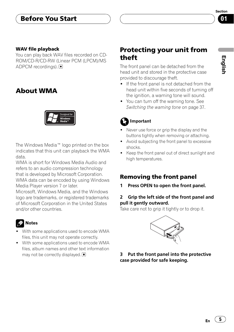 About wma 5 protecting your unit from theft 5, Removing the front panel 5, About wma | Protectingyour unit from theft, Before you start, Removingthe front panel | Pioneer DEH-P3600MPB User Manual | Page 5 / 95